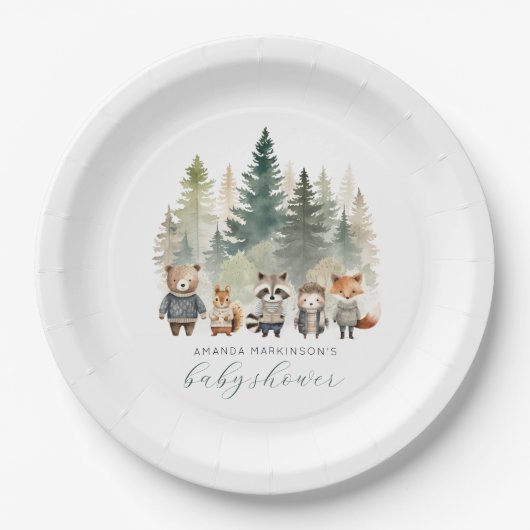 予算ウッドランド水彩赤ちゃんシャワー ペーパープレート (正面)