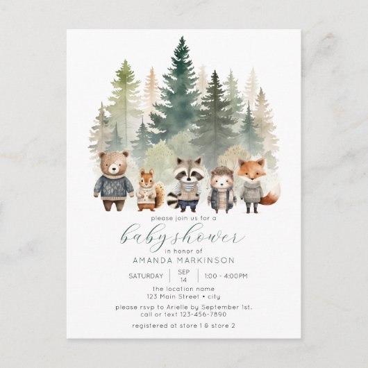 予算ウッドランド水彩赤ちゃんシャワー ポストカード (正面)