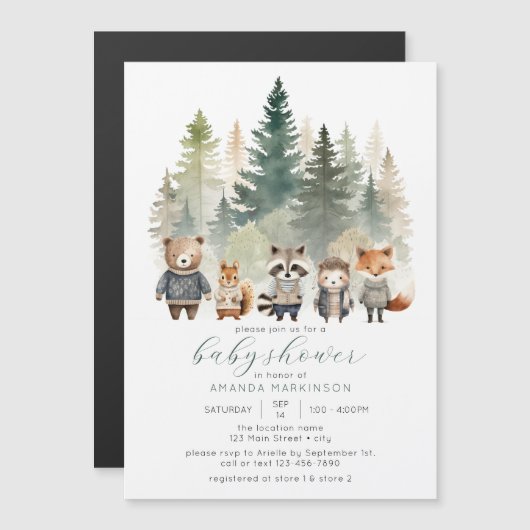 予算ウッドランド水彩赤ちゃんシャワー マグネット招待状 (正面/裏面)