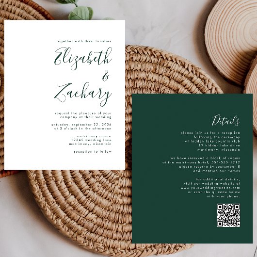 予算エメラルドグリーンスクリプトQRコードウェディング招待