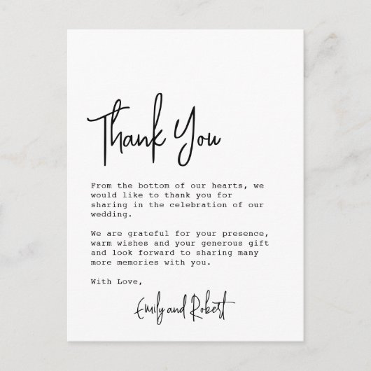 予算エレガントタイポグラフィ写真結婚の感謝 ポストカード (正面)