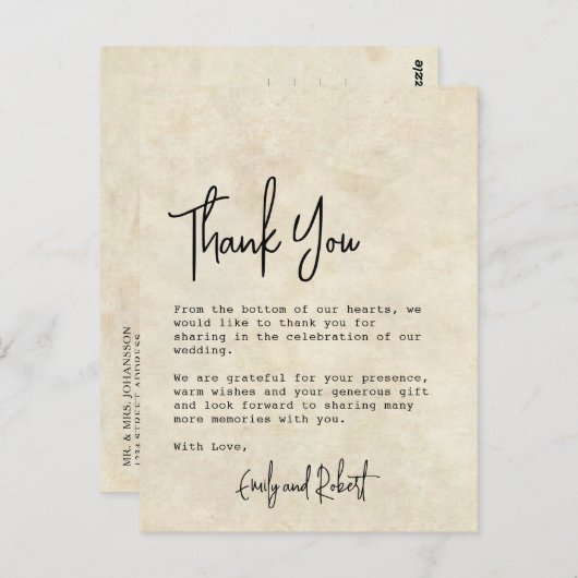 予算エレガントタイポグラフィ写真結婚の感謝 ポストカード (正面/裏面)