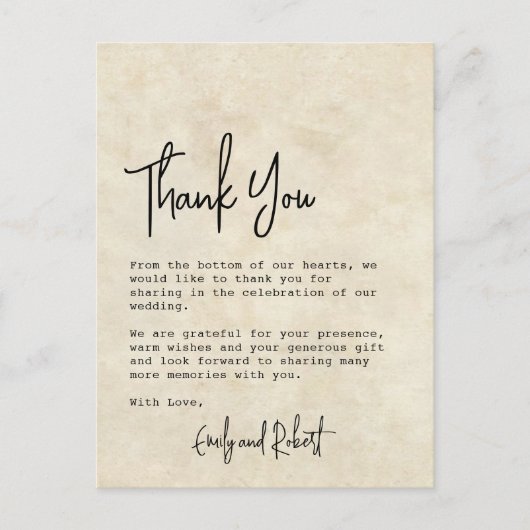 予算エレガントタイポグラフィ写真結婚の感謝 ポストカード (正面)