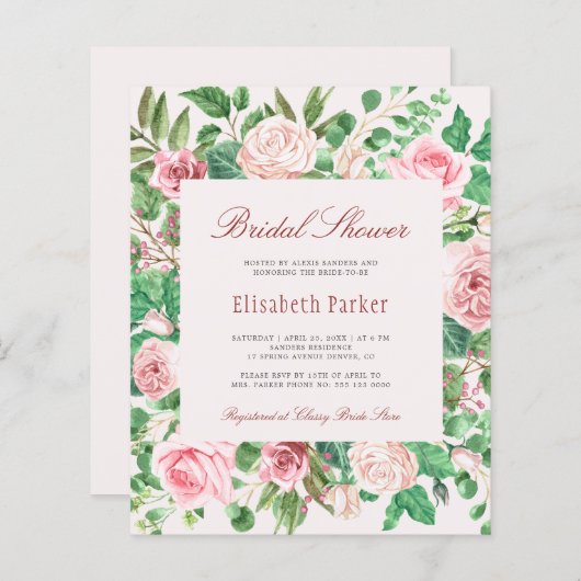 予算エレガントバラのブライダルシャワー招待状 (正面/裏面)