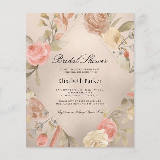 予算エレガントバラ金ゴールドブライダルシャワー招待 (正面)