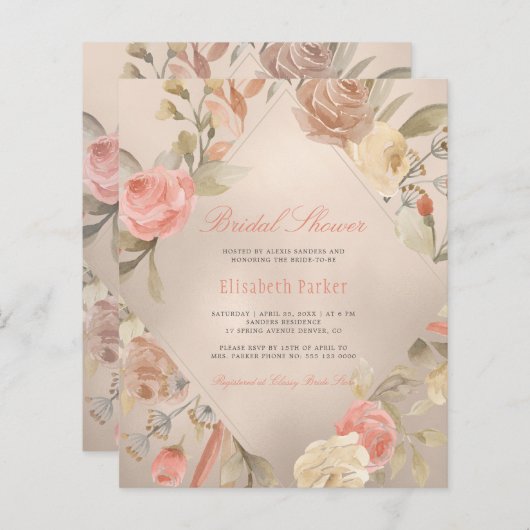 予算エレガントバラ金ゴールドブライダルシャワー招待 (正面/裏面)