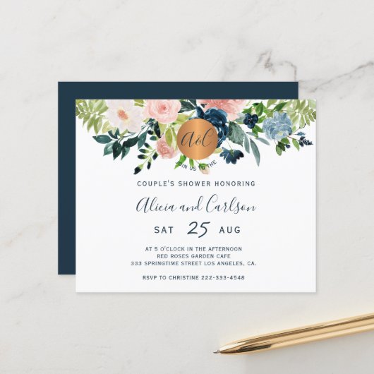予算エレガントフローラカップルのシャワー招待 (正面/裏面インサイチュ)