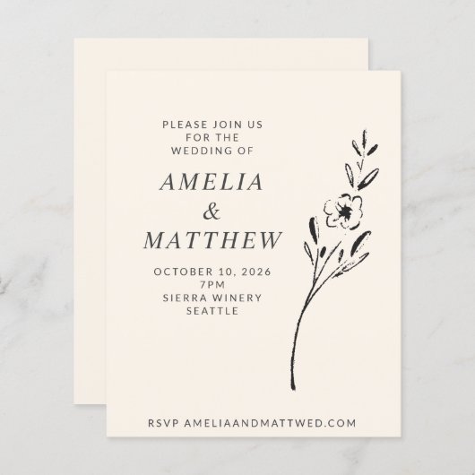予算エレガントフローラミニマルクリーム結婚式の招待 (正面/裏面)