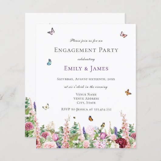 予算エレガントフローラ婚約パーティ招待状 (正面/裏面)