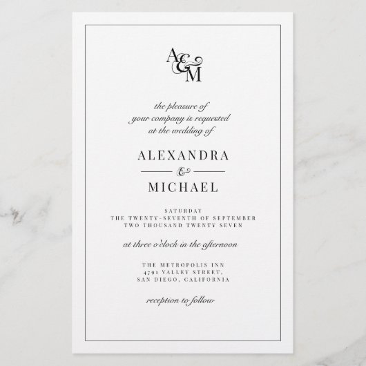 予算エレガント白黒結婚式招待状 (正面)