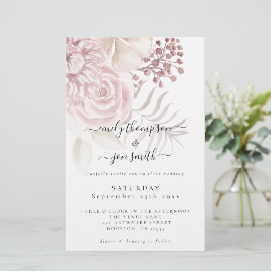 予算エレガント花模様スクリプトピンクの結婚式の招待 (スタンド正面)