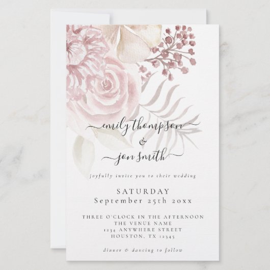 予算エレガント花模様スクリプトピンクの結婚式の招待 (正面)