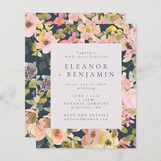 予算エレガント赤面ネイビーフローラ結婚式の招待 (正面/裏面)