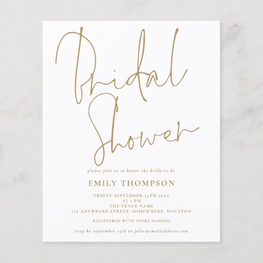 予算エレガント金ゴールドスクリプトブライダルシャワー招待状 (正面)