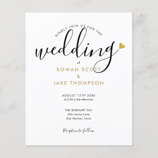 予算エレガント金ゴールドハート写真結婚式招待状 (正面)