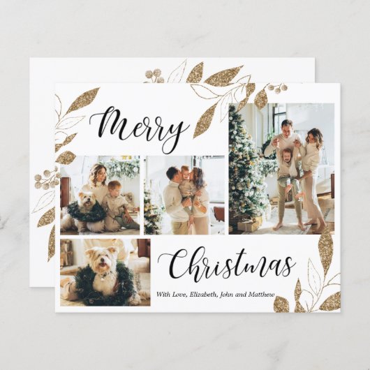 予算エレガント金ゴールド葉写真クリスマスカード (正面/裏面)