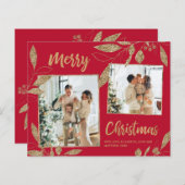 予算エレガント金ゴールド葉2写真クリスマスカード (正面/裏面)