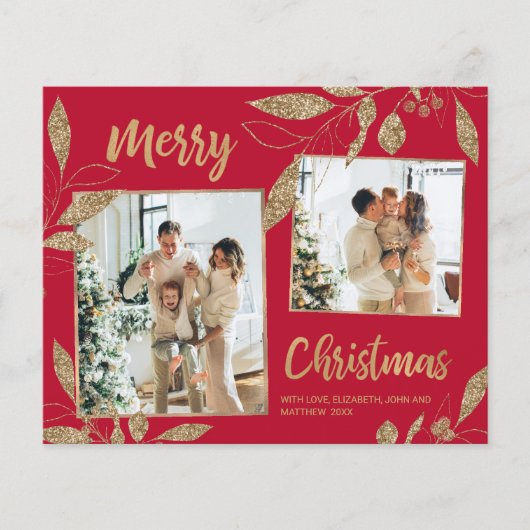 予算エレガント金ゴールド葉2写真クリスマスカード (正面)