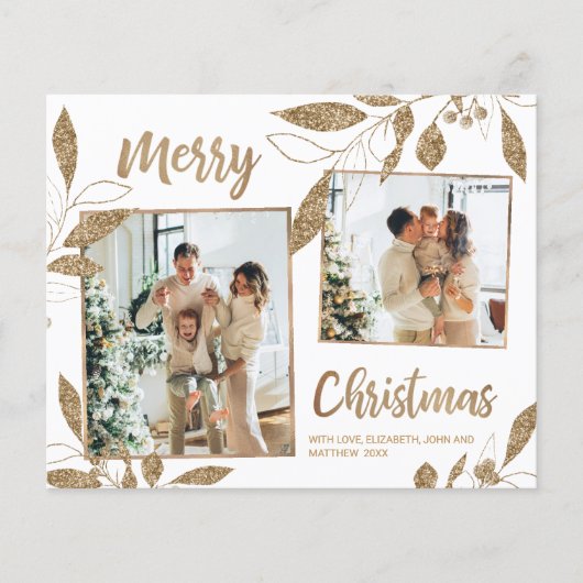 予算エレガント金ゴールド葉2写真クリスマスカード (正面)