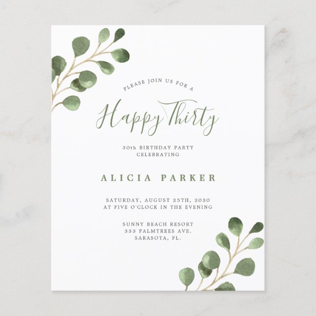 予算エレガント30年の誕生日パーティーの招待 (正面)