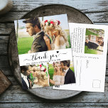 予算エレガント3 Photo Collage結婚's Thank You ポストカード<br><div class="desc">バジェットエレガントハンドラスタイリッシュテッドスクリプト3フォトコラージュ結婚の感謝はがき。ミニマ結婚リストのサンキューカードテンプレートは、前面に3枚、背面に1枚の写真を掲載。文字「ありがとう」を手でレタ渦巻形のータイポグラフィのスクリプトのフォントと斜尾と黒と白の小さな愛のハート。簡単を追加する名前をカスタムすると感謝していメッセージ。おもしし救済まは合わせ品連絡が欲しい！</div>