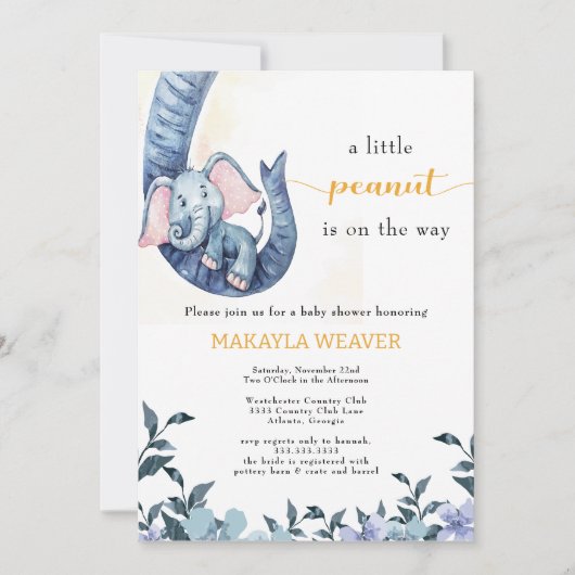 予算エレファントブルーピーナッツベビーブシャワー 招待状 (正面)