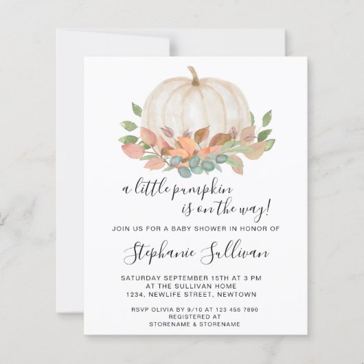 予算カボチャ小さなベビーシャワー招待状 (正面)