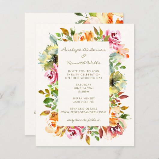 予算カラフルフローラ結婚のQRコード招待状 (正面/裏面)