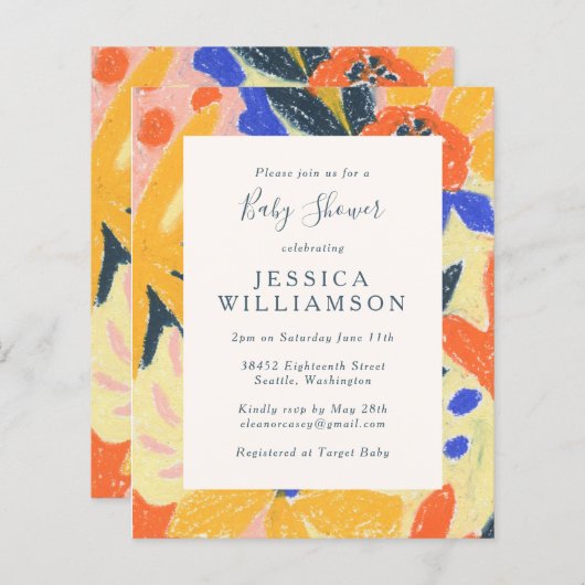 予算カラフル抽象芸術アートベビーシャワー招待状 (正面/裏面)