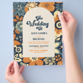 予算カラフルGroovyモダンレトロ70sフローラ結婚 チラシ (手)