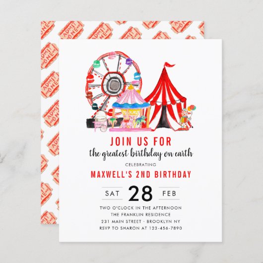予算カーニバルサーカスショー誕生日招待状 (正面/裏面)