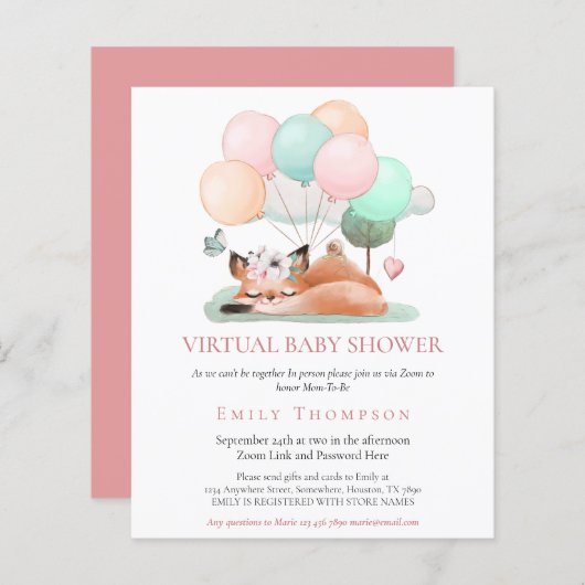 予算キツネスリープするピンクの仮想ベビーシャワー招待状 (正面/裏面)