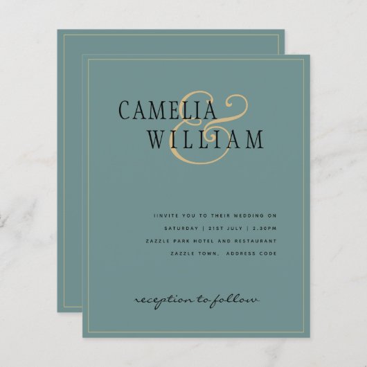 予算クラシックセージ緑の金ゴールド結婚式の招待 (正面/裏面)