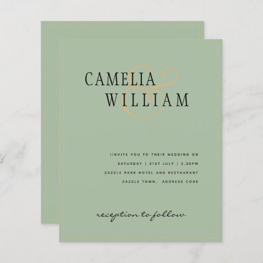 予算クラシックセージ緑の金ゴールド結婚式の招待 (正面/裏面)