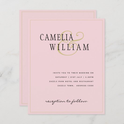 予算クラシック赤面淡い色のピンク金ゴールド結婚式の招待 (正面/裏面)