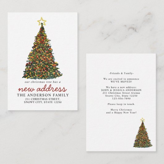 予算クリスマスツリー新しい住所ホリデイ移動 ノートカード (正面/裏面)