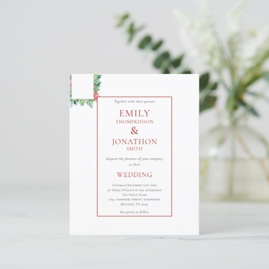 予算クリスマスポインセチアのフレーム結婚式の招待 (スタンド正面)