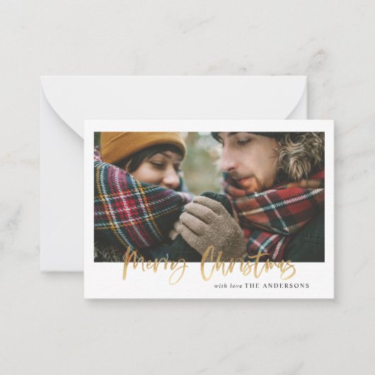 予算クリスマスレッドプレイド写真ホリデーカード ノートカード (正面)