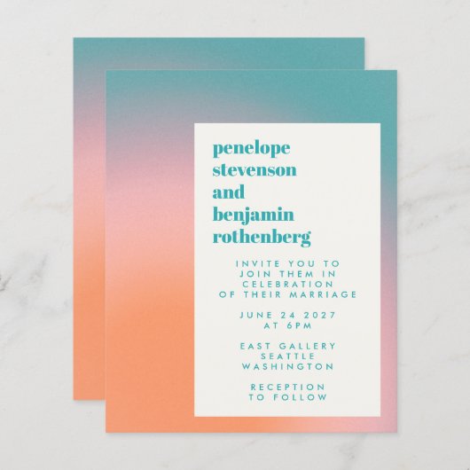 予算グラデーションティール（緑がかった色）ピンク抽象芸術結婚式の招待 (正面/裏面)