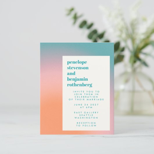 予算グラデーションティール（緑がかった色）ピンク抽象芸術結婚式の招待 (スタンド正面)