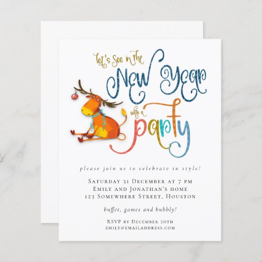 予算グリッターおもしろいディアニューイヤーパーティー招待状 (正面/裏面)