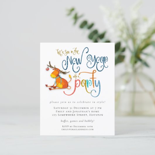 予算グリッターおもしろいディアニューイヤーパーティー招待状 (スタンド正面)
