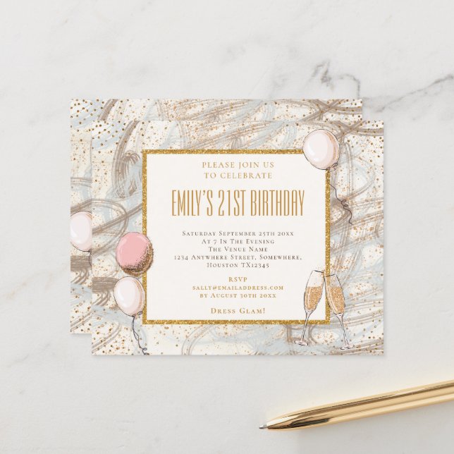 予算グリッターガール21stパーティー誕生日招待状 (正面/裏面インサイチュ)