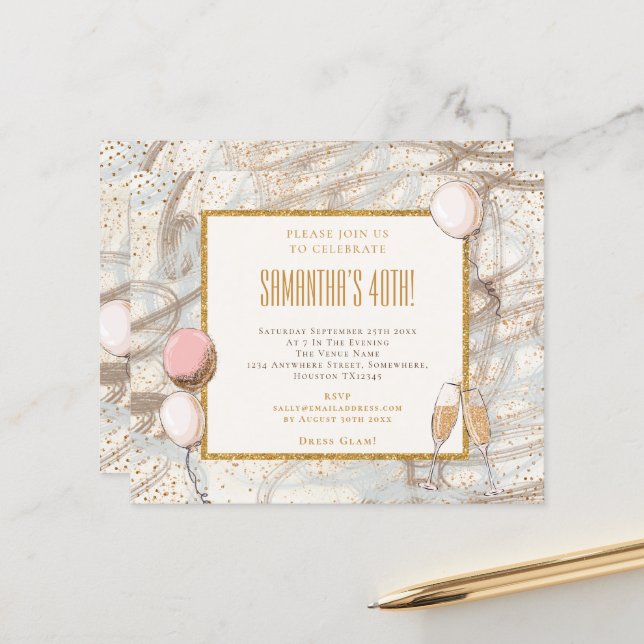 予算グリッターガール40thパーティー誕生日招待状 (正面/裏面インサイチュ)