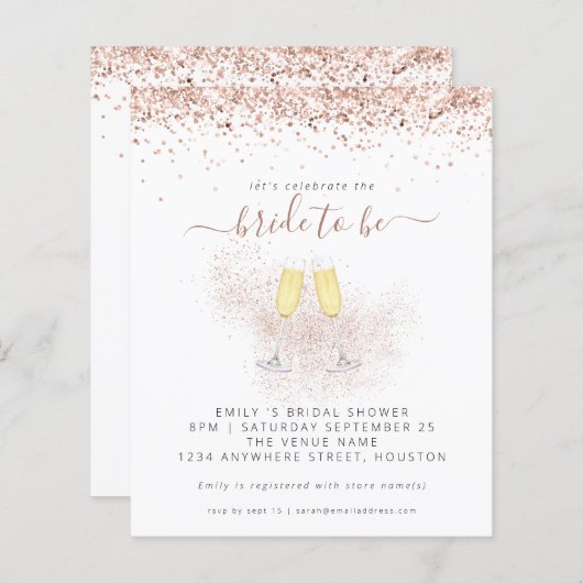 予算グリッターシャンパンブライダルシャワー招待 (正面/裏面)