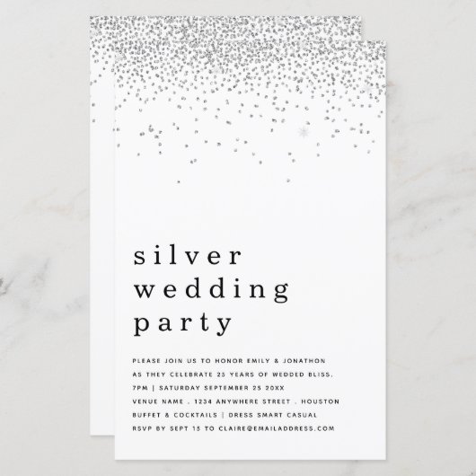 予算グリッターシルバーウェディングパーティー招待状 (正面/裏面)