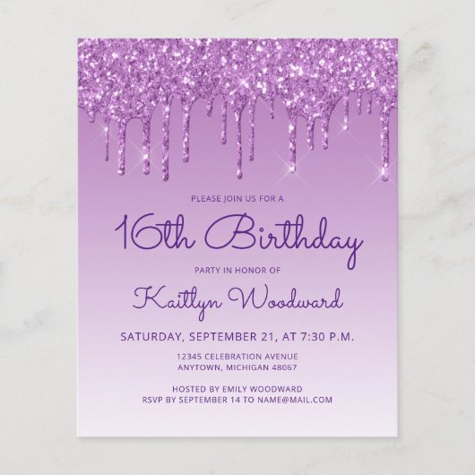 予算グリッタードリップパープル16th誕生日招待状 (正面)