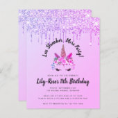 予算グリッターユニコーンスランバーパーティの招待状 (正面/裏面)