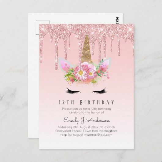 予算グリッターユニコーン12誕生日ピンク金ゴールド ポストカード (正面/裏面)