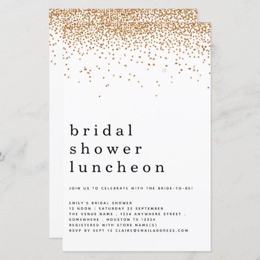 予算グリッター金ゴールドブライダルシャワールンチョン招待状 (正面/裏面)